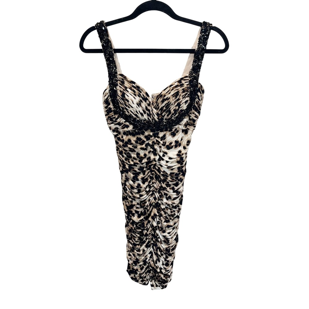 Vintage Cache Y2K Leopard Ruched Beaded Contour Bodycon Dress Glam - Size 2